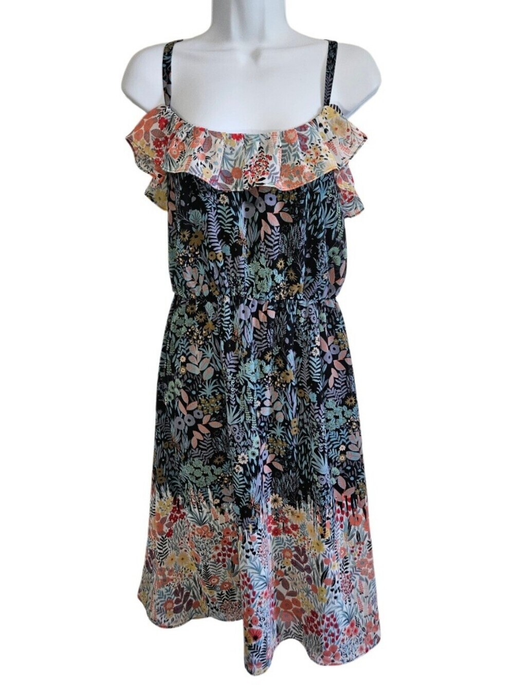 0087 Maggy London Floral Chiffon Ruffle Dress Sz 10 Spaghetti Strap Garden Party